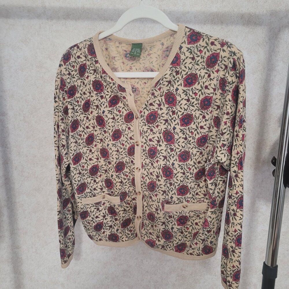 1980s Blue Red Flowers Vintage Cardigan Sweater Outback Red The Limited Size M